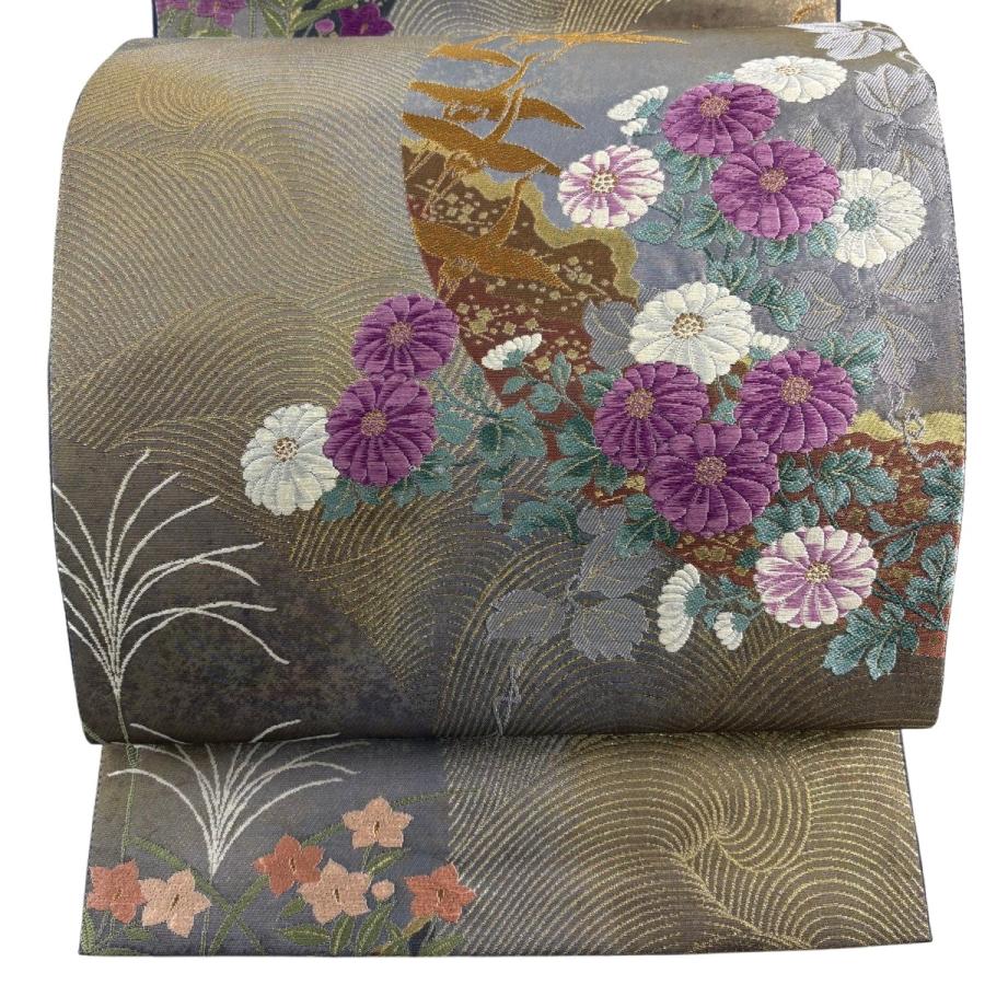 袋帯 逸品 じゅらく 落款あり じゅらく帝王紫 菊 鶴 金糸 箔 金茶