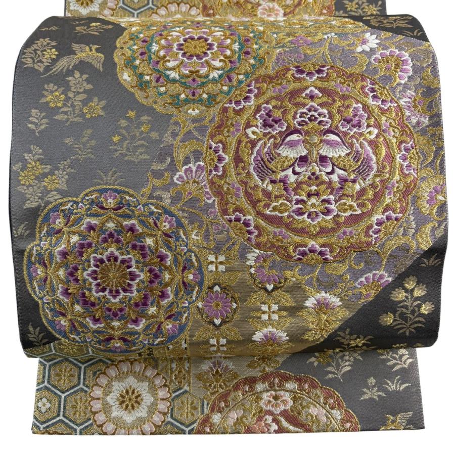 美品 袋帯 逸品 じゅらく 落款あり じゅらく帝王紫 向かい鳥 華文 金糸