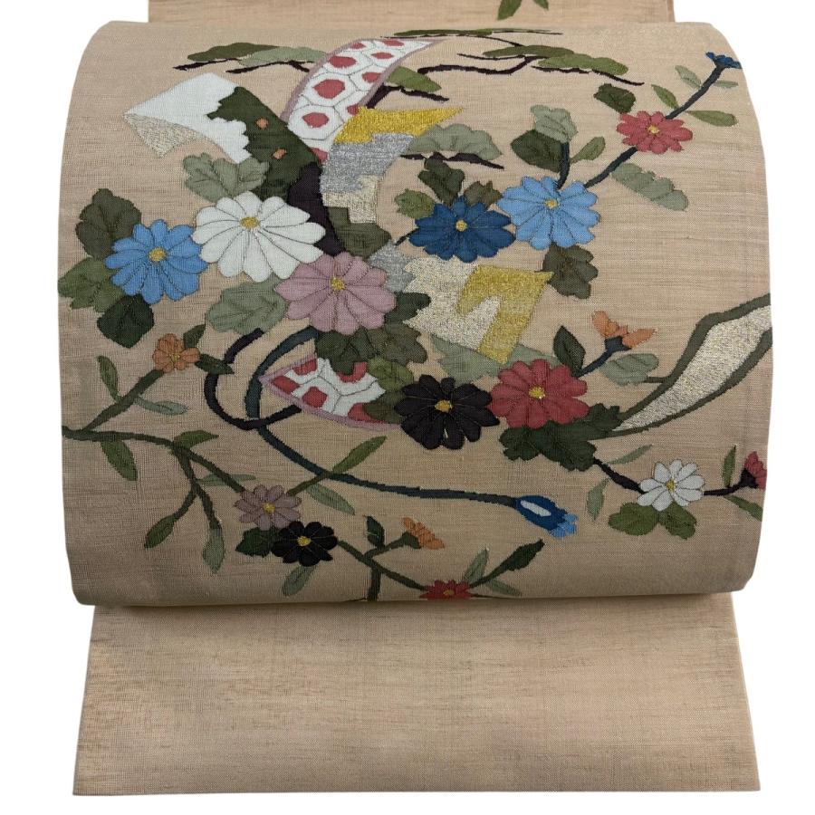 袋帯 逸品 菊 束ね熨斗 金糸 綴れ ベージュ お太鼓柄 正絹 中古