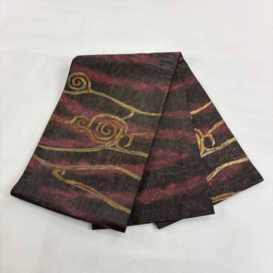 袋帯 秀品 幾何学模様 金糸 黒 お太鼓柄 正絹 中古 美品 袋帯 名品