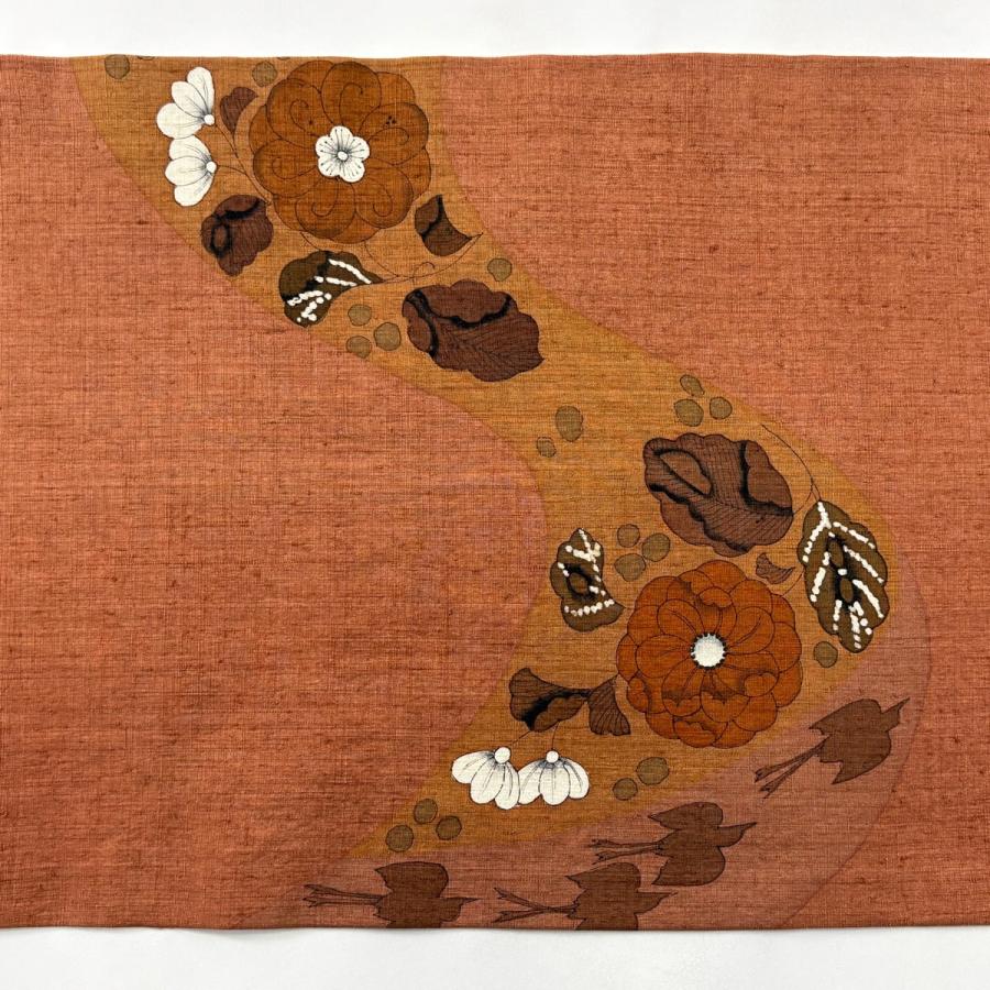 美品 開き名古屋帯 秀品 紬地 辻が花柄 千鳥 オレンジ 正絹 中古 