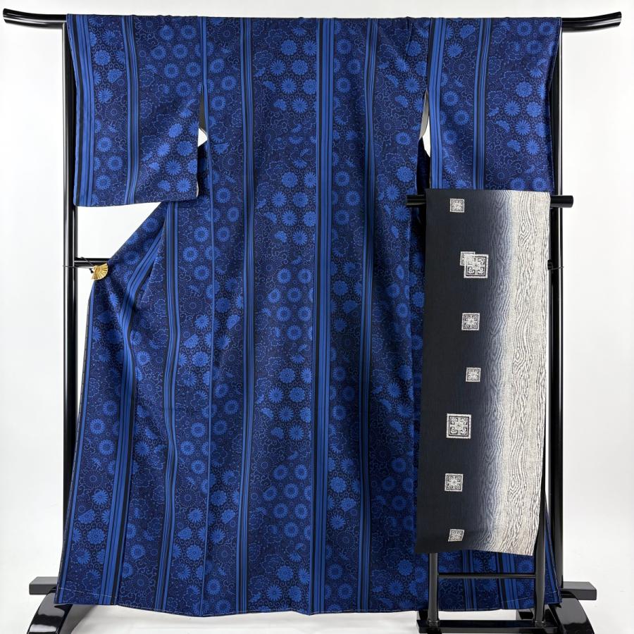 小紋 身丈163.5cm 裄丈66cm M 袷 名古屋帯セット 花唐草 縞 紺色 正絹