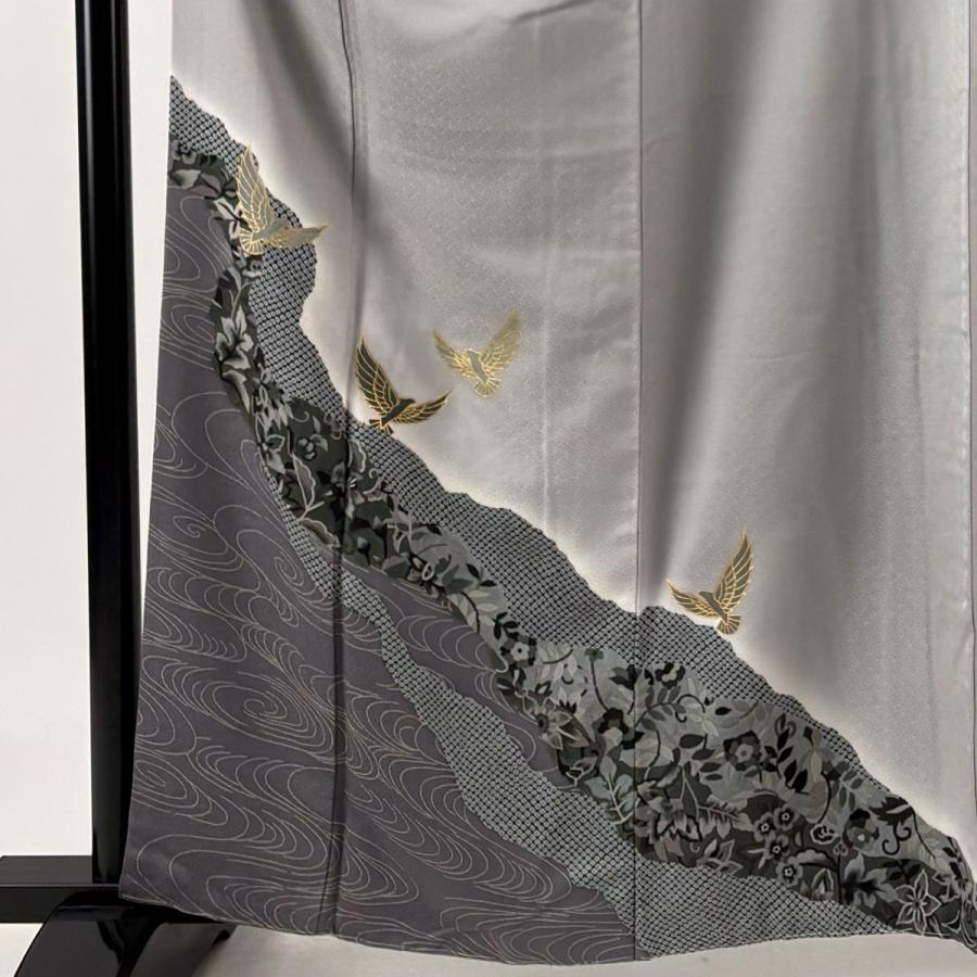 美品 訪問着 身丈160.5cm 裄丈67cm M 袷 斉藤三才 落款あり 鳥 草花 