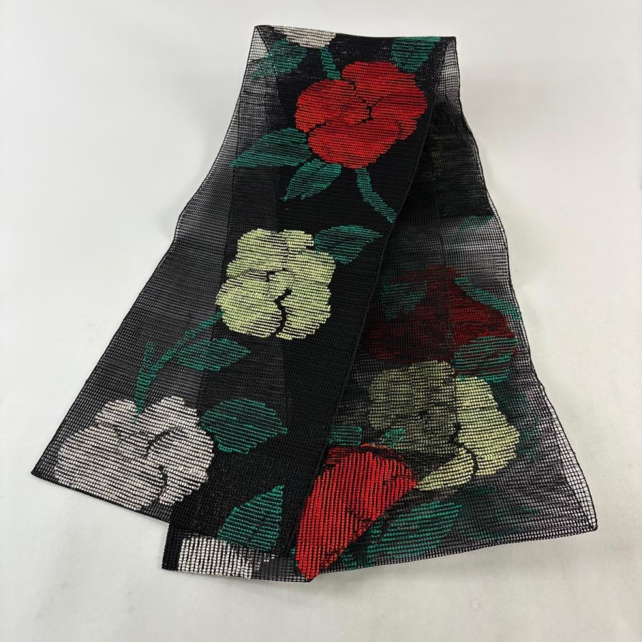 名古屋帯 秀品 夏帯 八寸名古屋帯 松葉仕立て 草花 羅織 黒 正絹 中古 