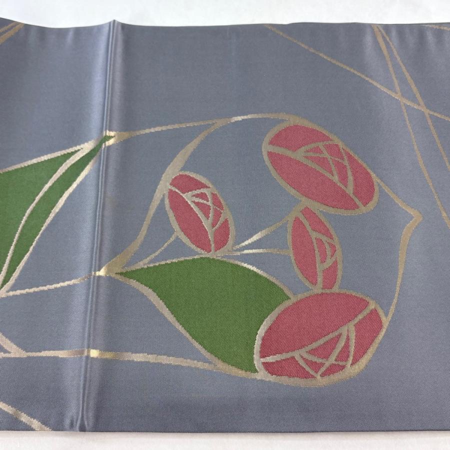 袋帯 逸品 辻村ジュサブロー 落款あり 関西仕立て 草花 箔 灰色 全通 
