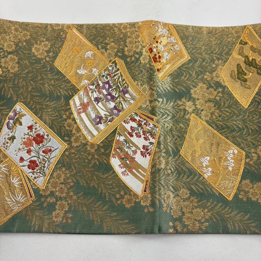 袋帯 名品 落款あり 冊子 草花 金糸 箔 灰緑 お太鼓柄 正絹 中古