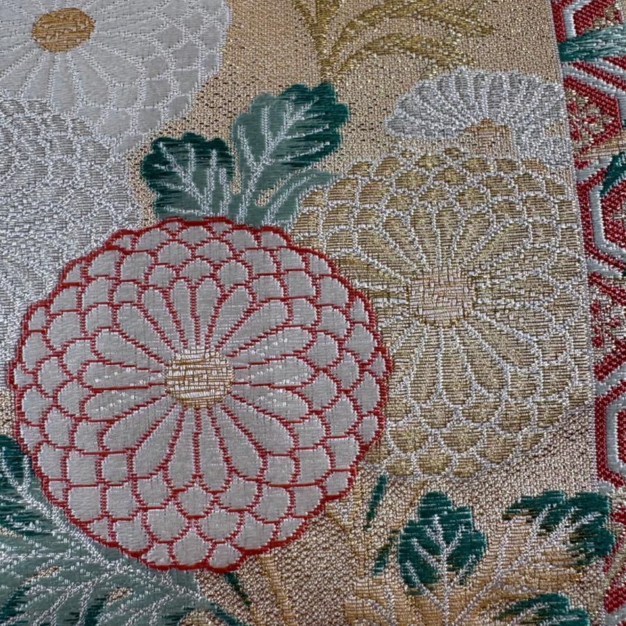 袋帯 秀品 細緻織 三重綾織 短冊秋草蒔絵文 金銀糸 刺繍 銀色 六通
