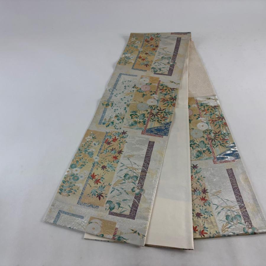 袋帯 秀品 細緻織 三重綾織 短冊秋草蒔絵文 金銀糸 刺繍 銀色 六通 