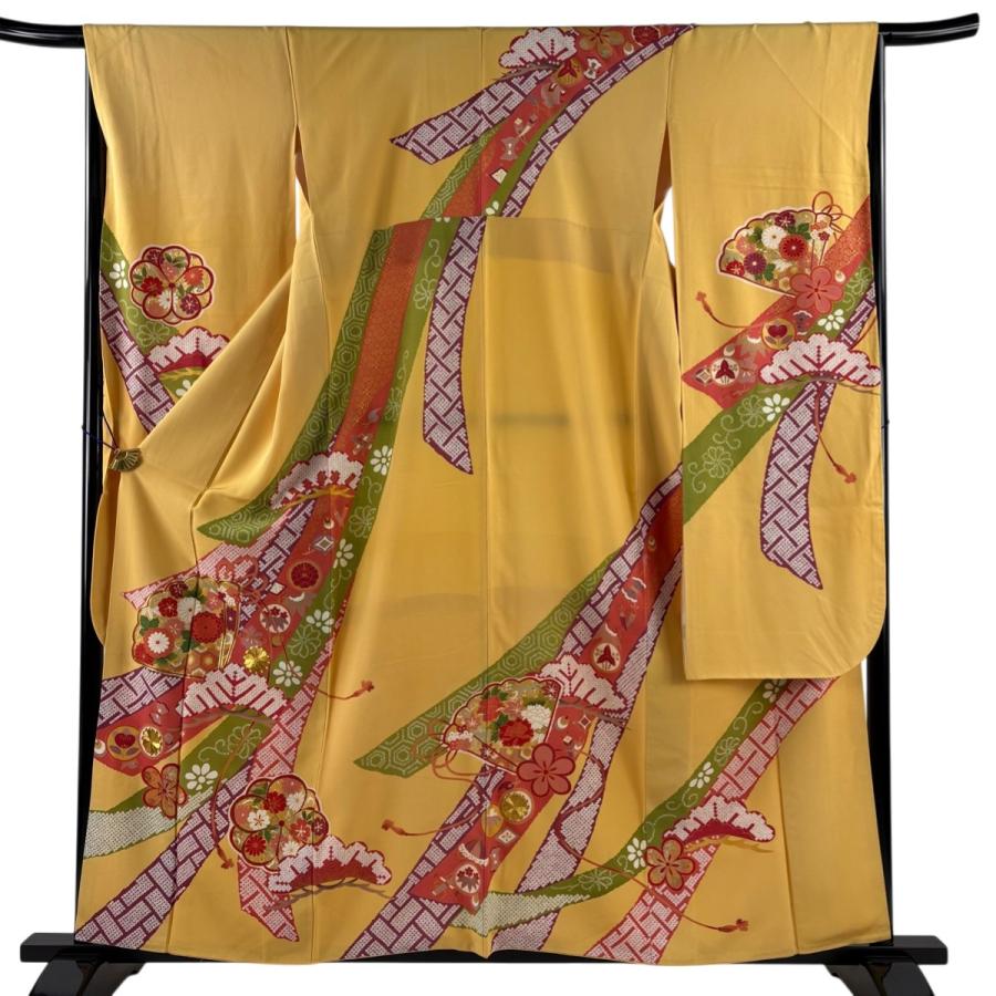 振袖 身丈159cm 裄丈66cm M 袷 檜扇 松梅 金糸 金彩 オレンジ 正絹 秀 