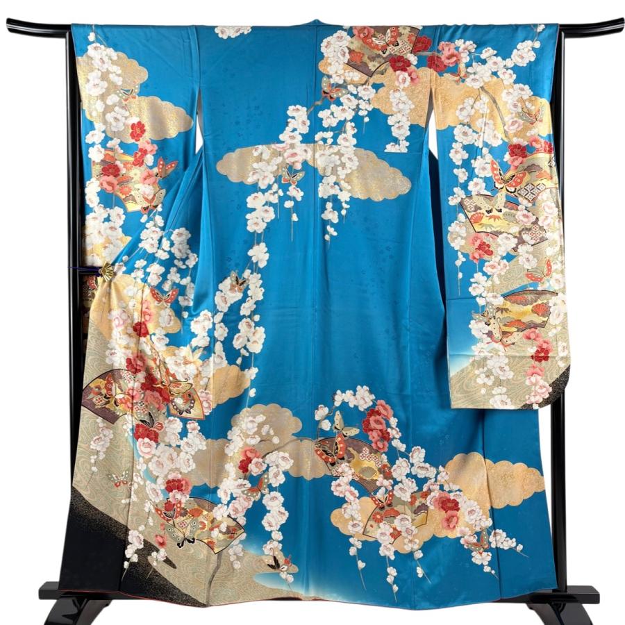 振袖 身丈159cm 裄丈64.5cm M 袷 蝶 扇面 金糸 金彩 水色 正絹 秀品
