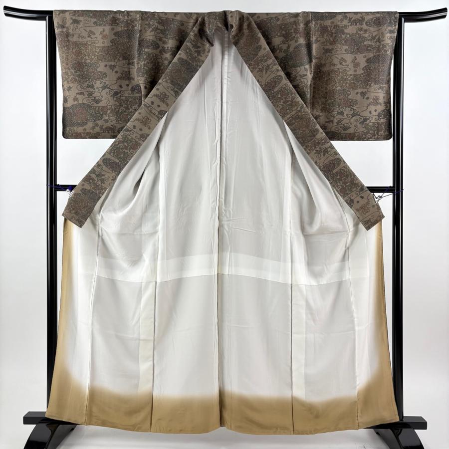 美品 小紋 身丈160cm 裄丈65cm M 袷 草花 霞 茶色 正絹 秀品 中古