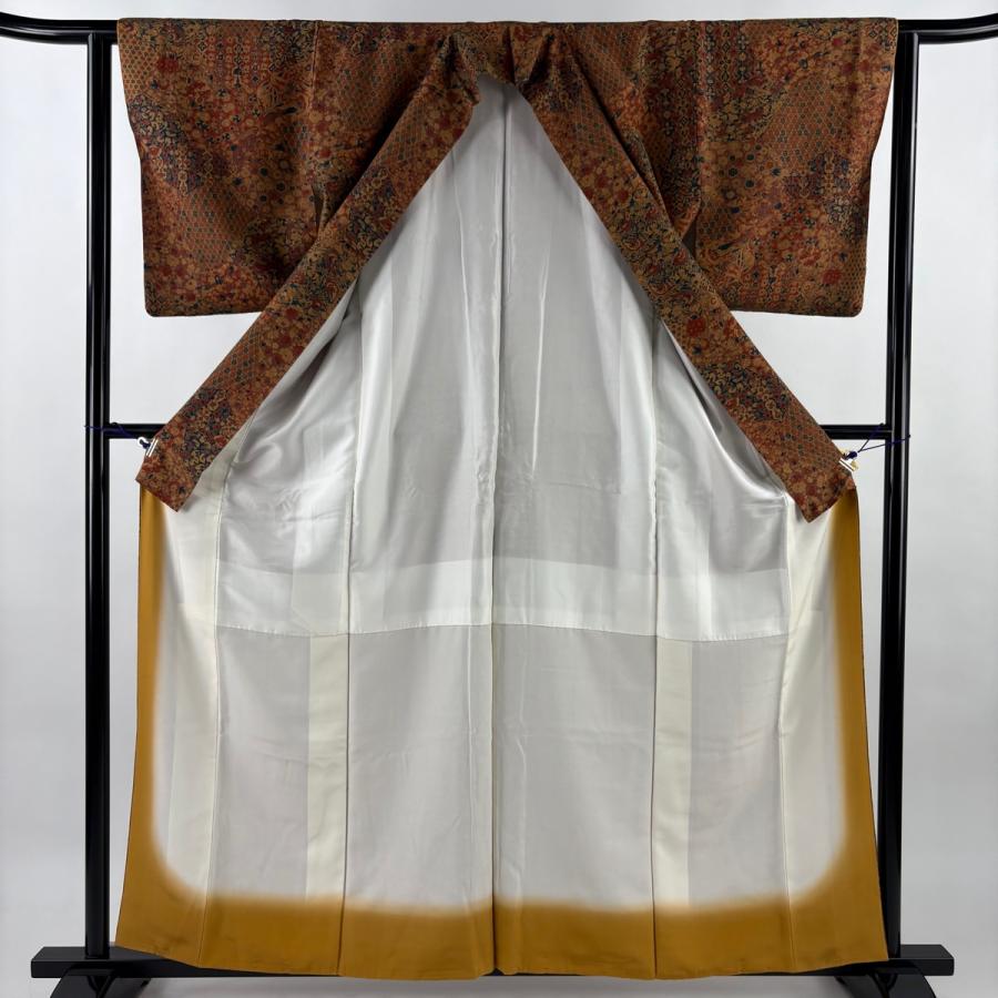 美品 小紋 身丈160cm 裄丈62.5cm S 袷 寄せ柄 草花 赤茶 正絹 優品