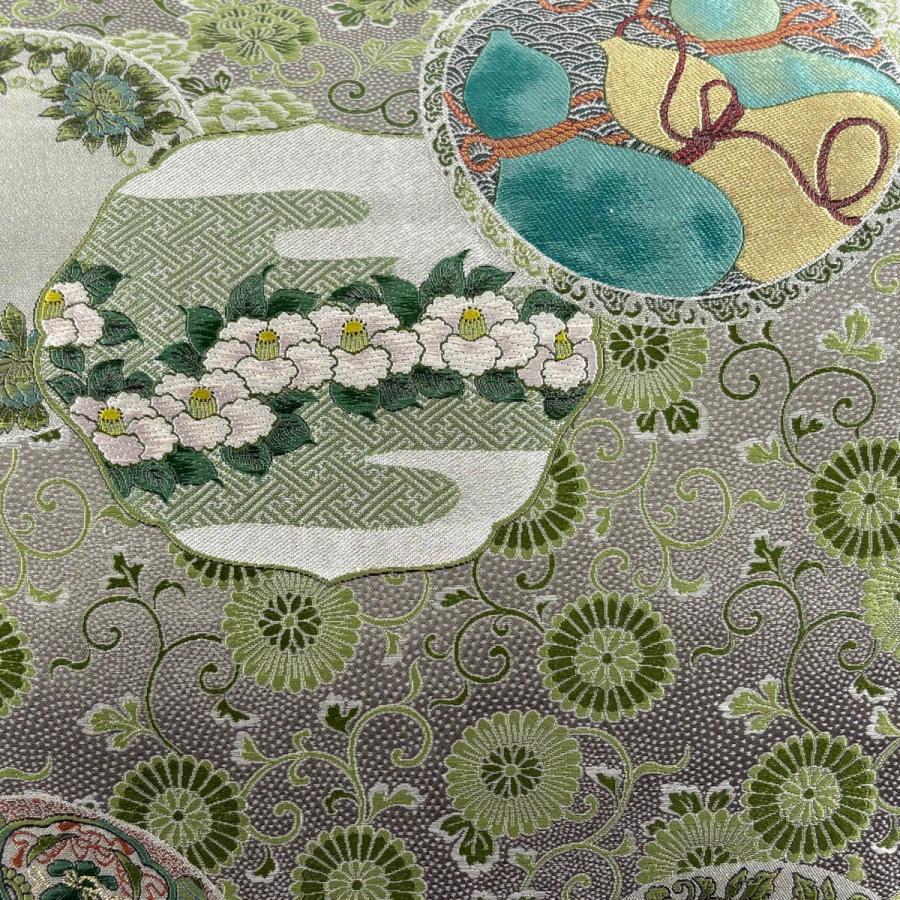 美品 袋帯 名品 ひょうたん 草花 金糸 唐織 緑 六通 正絹 中古