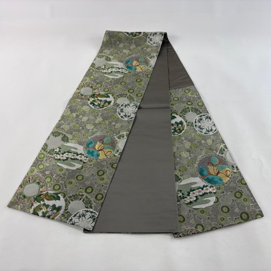 美品 袋帯 名品 ひょうたん 草花 金糸 唐織 緑 六通 正絹 中古