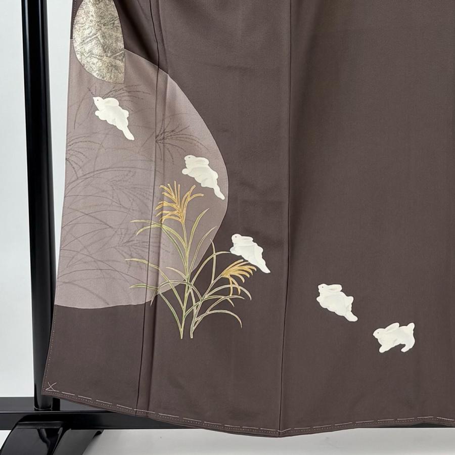 訪問着 身丈158.5cm 裄丈62cm S 袷 うさぎ 葉柄 金彩 茶色 正絹 名品
