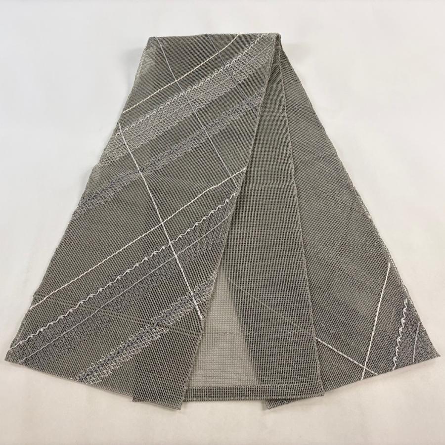 八寸名古屋帯 綴れ縞柄 濃い緑に赤の縞 未仕立て品 【夏物】