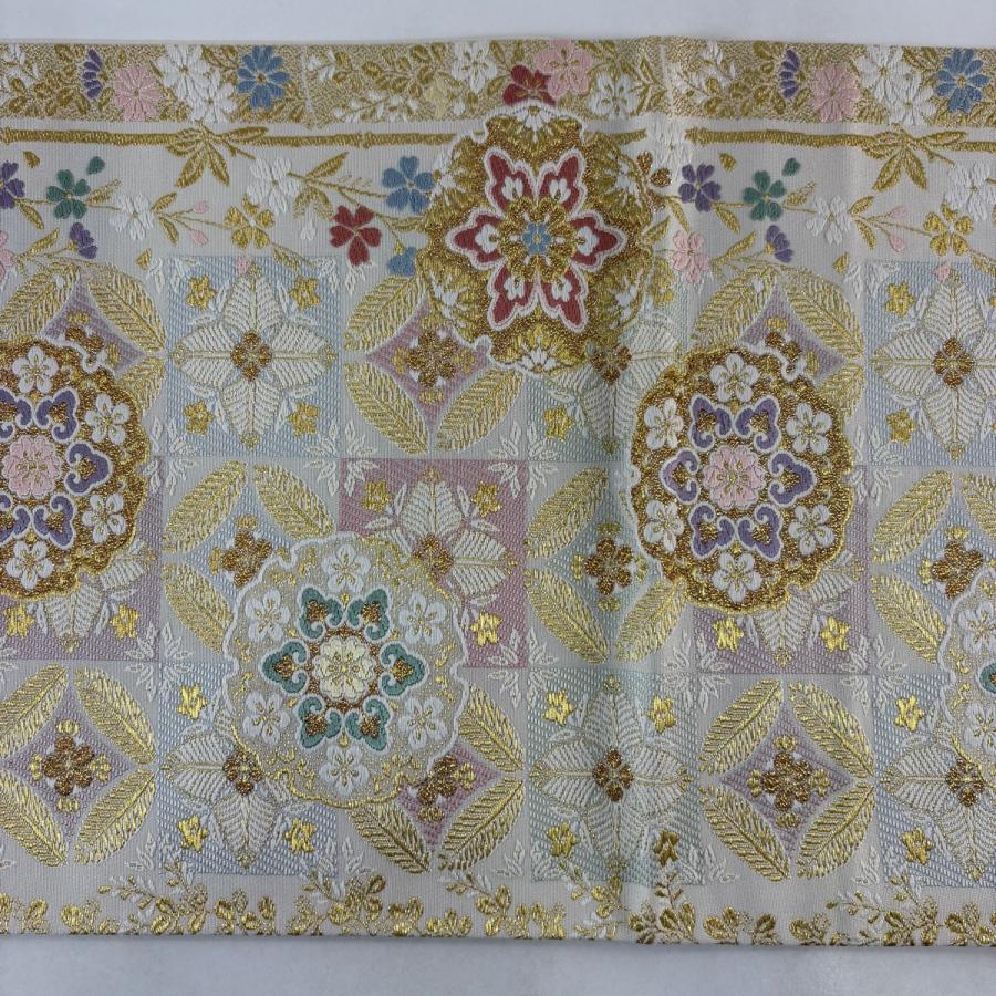 美品 袋帯 名品 さくら染 華文 草花 金糸 箔 クリーム 六通 正絹 中古 
