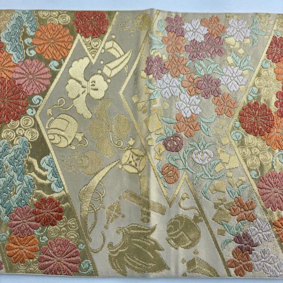 美品 袋帯 秀品 川島織物 落款あり 関西仕立て 菊唐草 宝尽くし 唐織