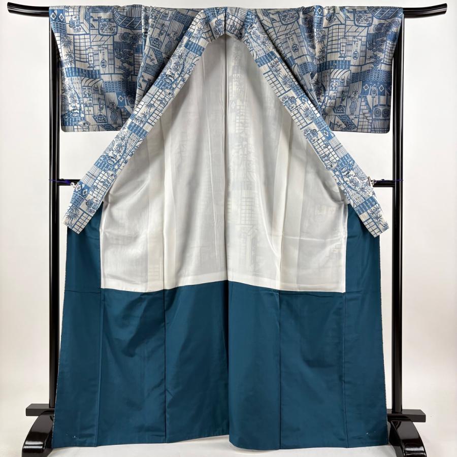 付下げ 身丈170cm 裄丈67cm M 袷 型絵染 本場羽前米沢織 生活風景 人物 藍色 正絹 逸品 中古_2