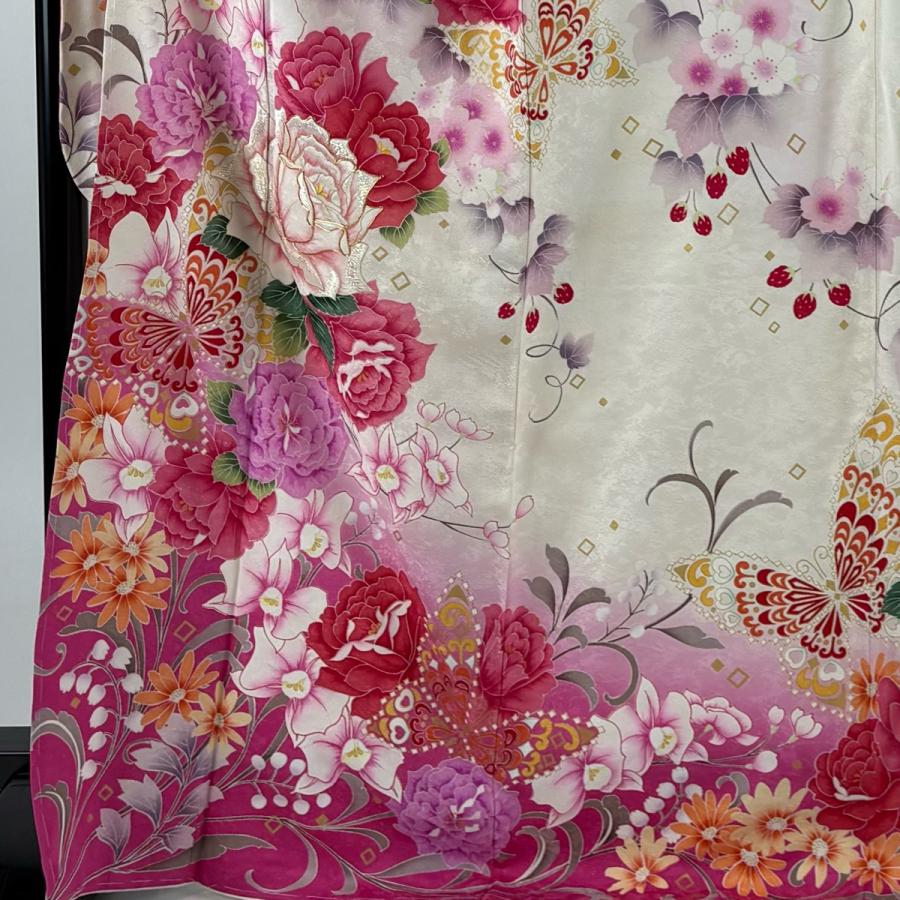 美品 振袖 身丈170.5cm 裄丈68cm L 袷 薔薇 蝶 刺繍 銀通し クリーム 正絹 逸品 中古