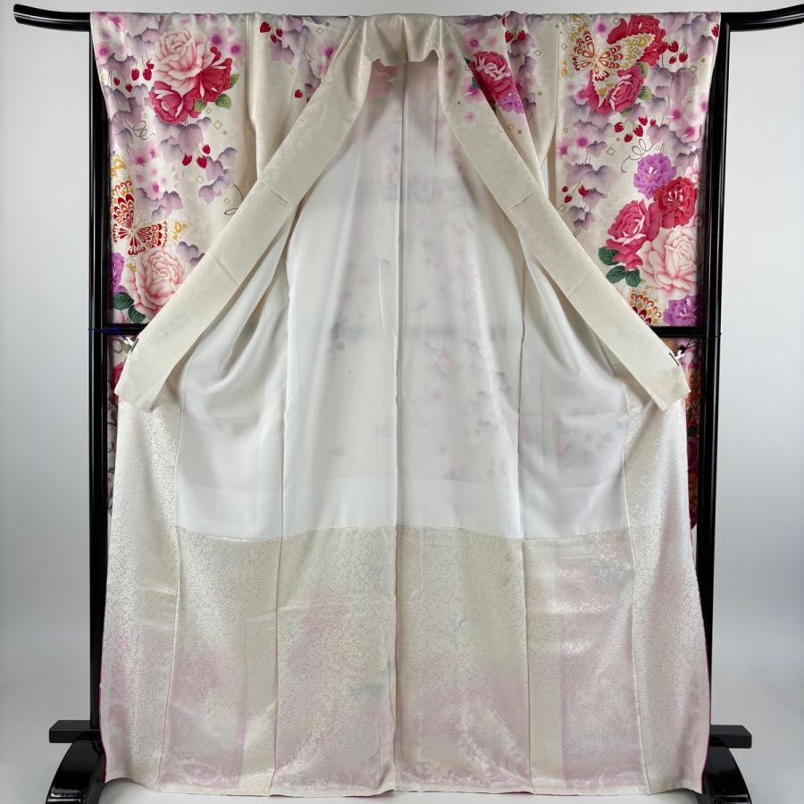 美品 振袖 身丈170.5cm 裄丈68cm L 袷 薔薇 蝶 刺繍 銀通し クリーム 正絹 逸品 中古