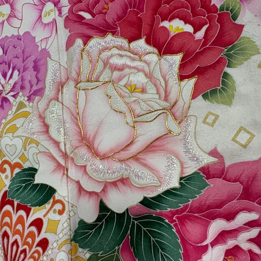美品 振袖 身丈170.5cm 裄丈68cm L 袷 薔薇 蝶 刺繍 銀通し クリーム 正絹 逸品 中古