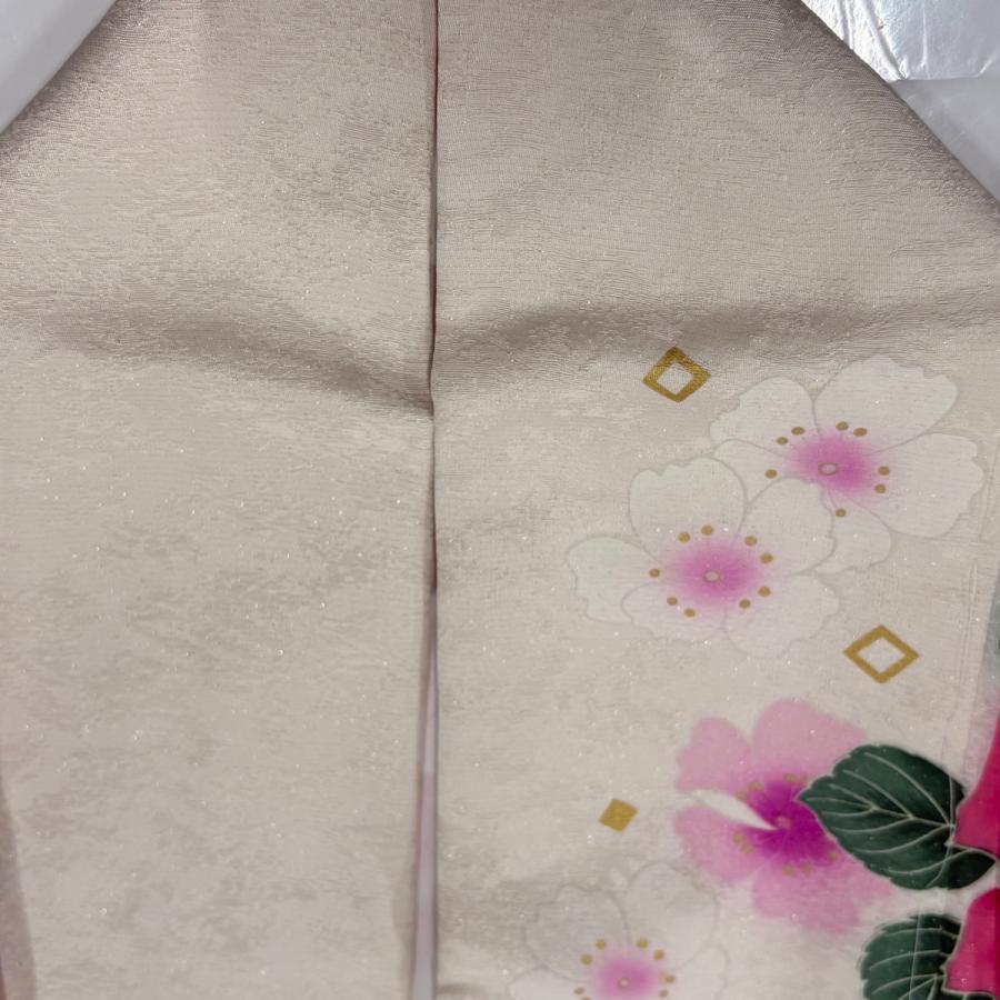 美品 振袖 身丈170.5cm 裄丈68cm L 袷 薔薇 蝶 刺繍 銀通し クリーム 正絹 逸品 中古
