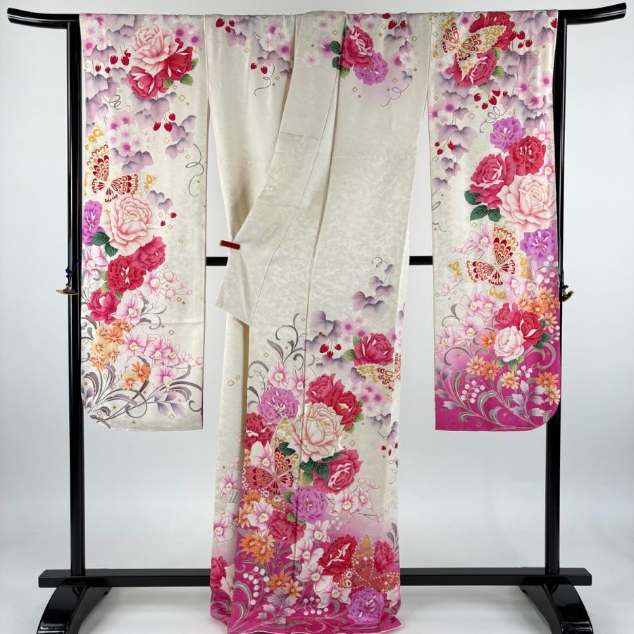 美品 振袖 身丈170.5cm 裄丈68cm L 袷 薔薇 蝶 刺繍 銀通し クリーム 正絹 逸品 中古