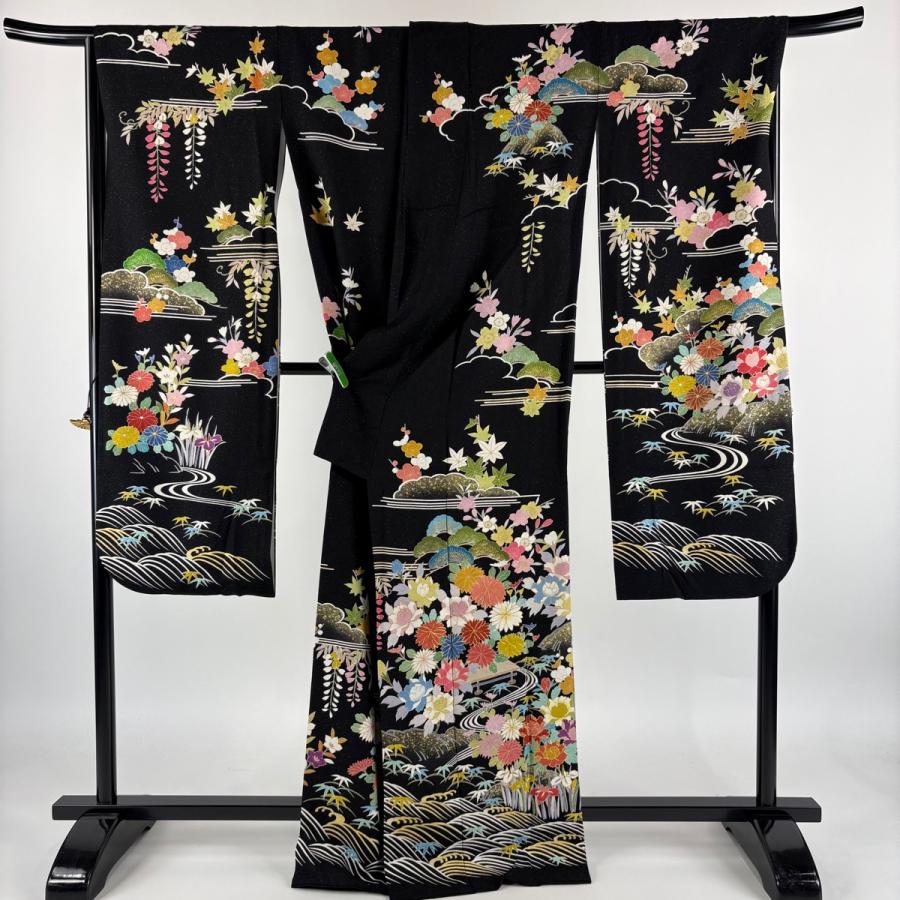 振袖 身丈169cm 裄丈68.5cm L 袷 草花 波頭 銀通し 金糸 黒 正絹 逸品 