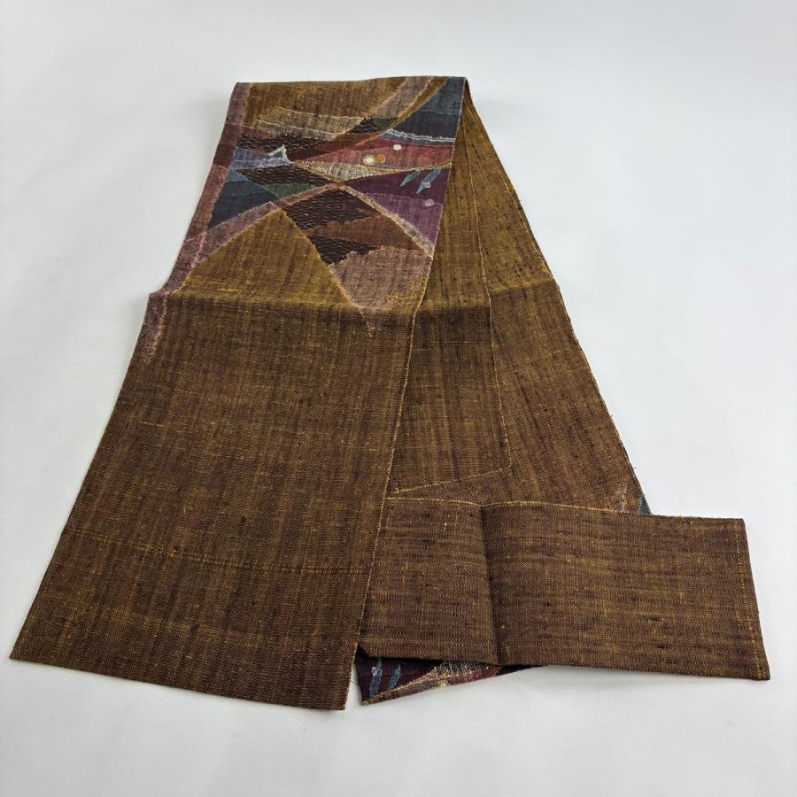 美品 名古屋帯 秀品 渡文 八寸名古屋帯 松葉仕立て 葉と実 幾何