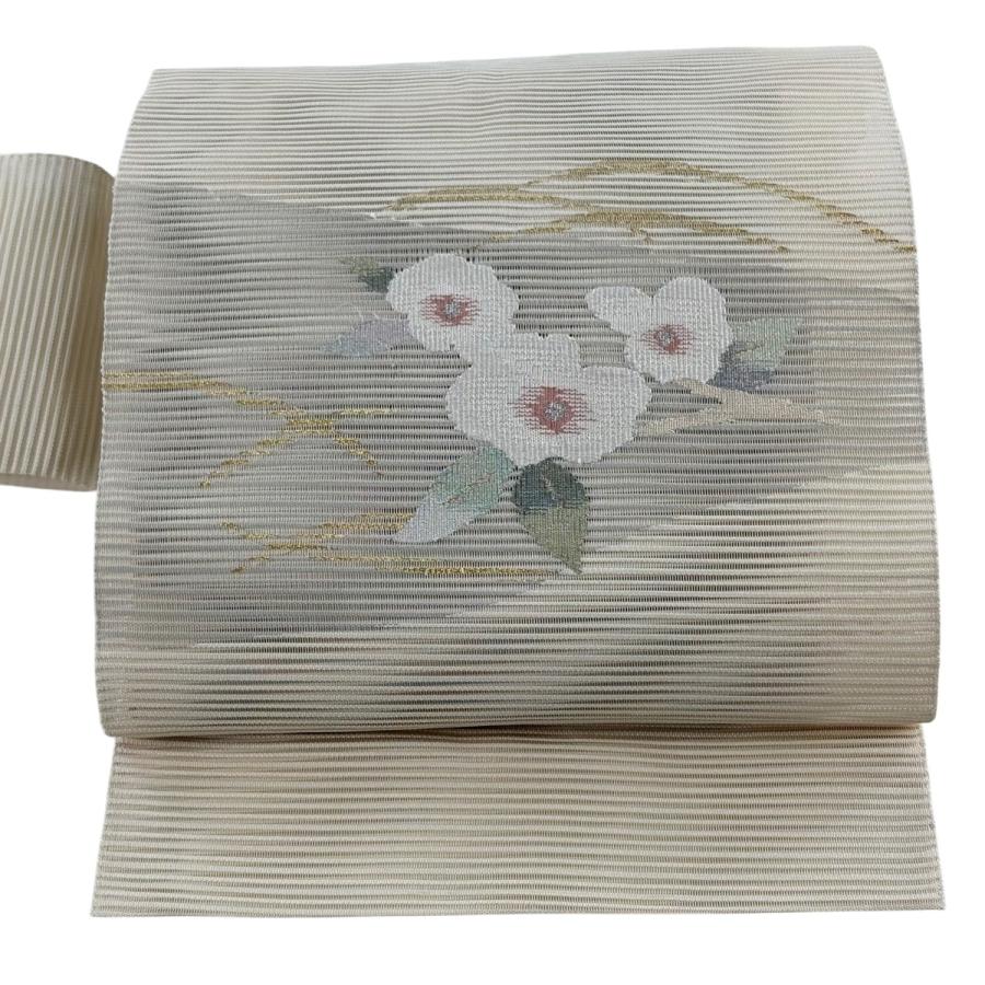 名古屋帯 秀品 夏帯 絽 草花 金銀糸 クリーム 正絹 中古 : リユース