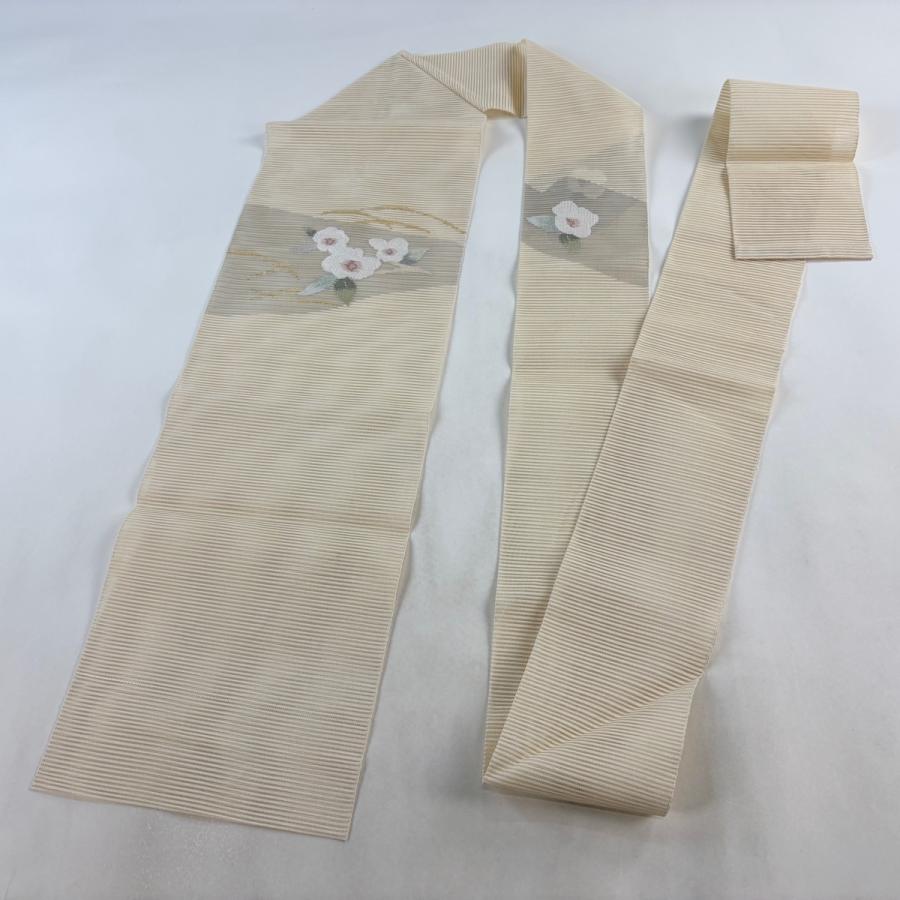 名古屋帯 秀品 夏帯 絽 草花 金銀糸 クリーム 正絹 中古 : リユース