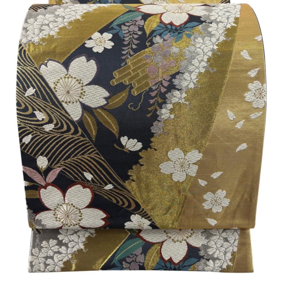 袋帯 秀品 椿 菊 金糸 箔 金色 六通 正絹 中古 袋帯 秀品 桜