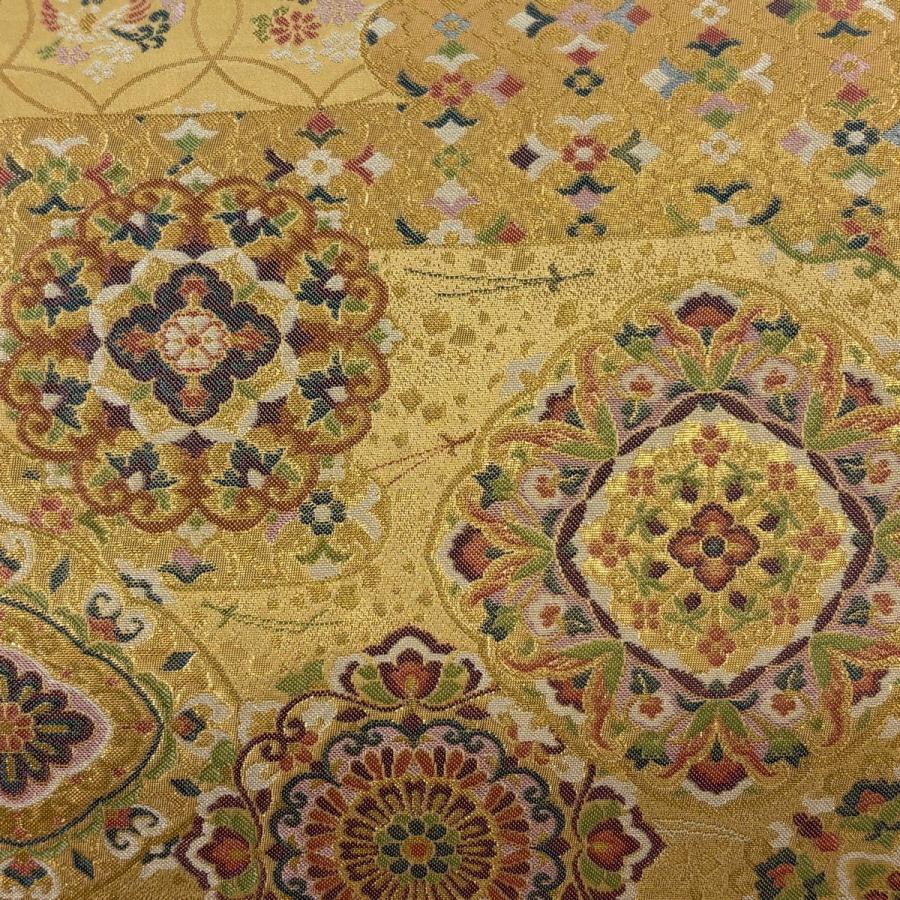 【美品】袋帯　人間国宝作品　大華文　六通　金色 袋帯 秀品 黄金の世界 華文 草花 金糸 箔 金色 六通 正絹 中古