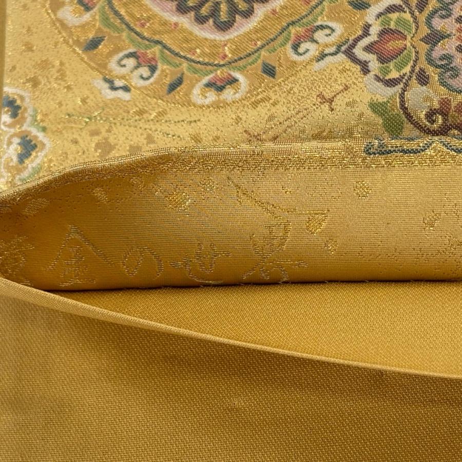 袋帯 秀品 黄金の世界 華文 草花 金糸 箔 金色 六通 正絹 中古