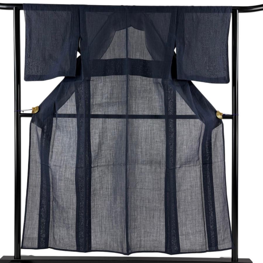 美品 紬 身丈153cm 裄丈62cm S 薄物 小千谷縮 夏紬 証紙あり 紺色 麻