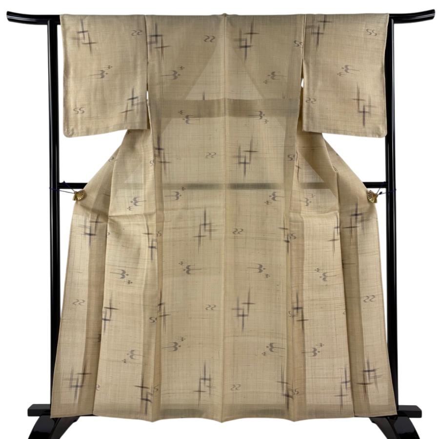 美品 紬 身丈161.5cm 裄丈63cm S 薄物 夏紬 衣波多上布 燕 絣柄 薄茶色 