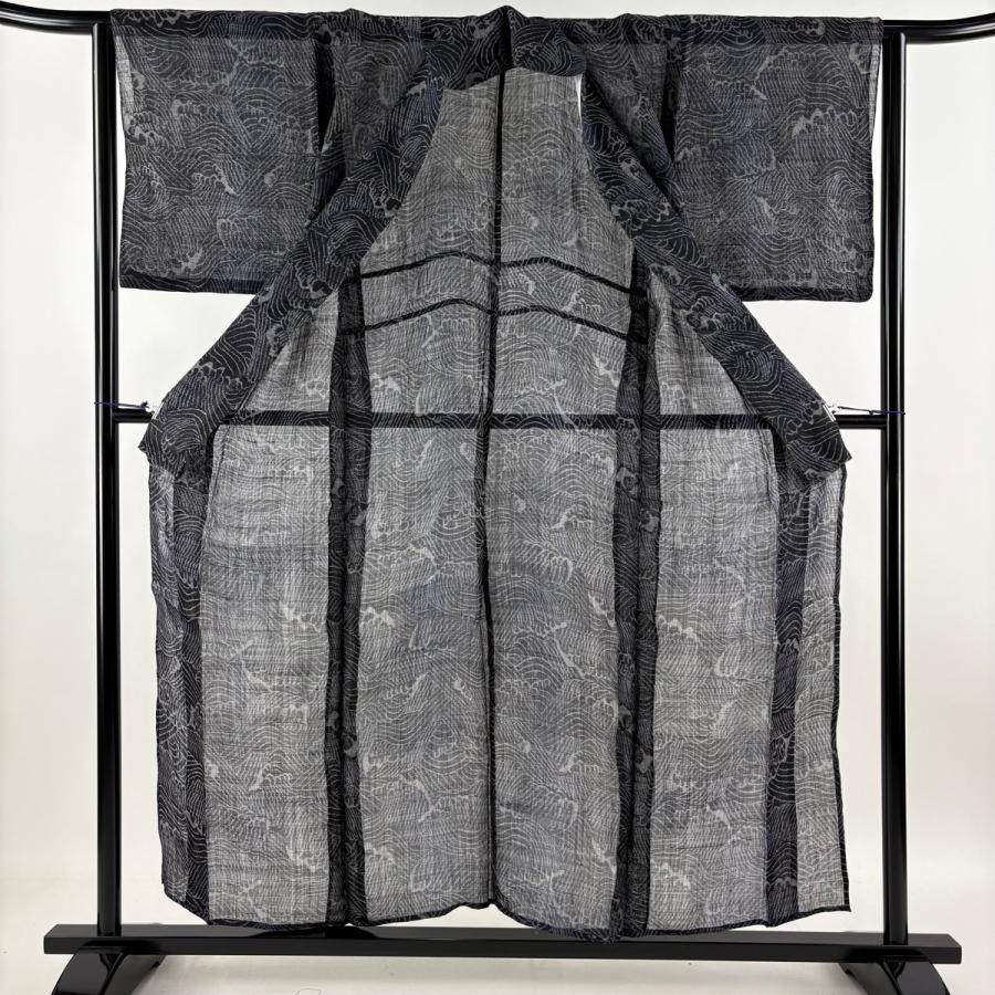 紬 身丈155cm 裄丈64cm M 薄物 夏紬 波頭 濃紺 正絹 逸品 中古_2