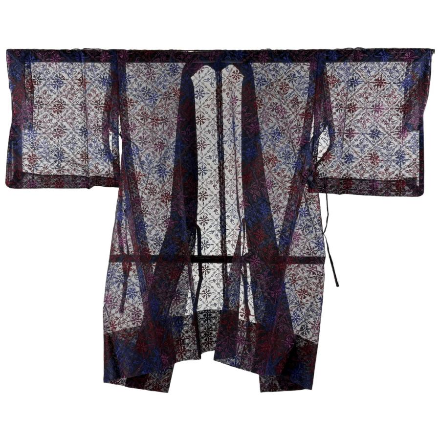 美品 道中着 身丈104cm 裄丈67.5cm L 和装コート 草花 斜め格子 刺繍 