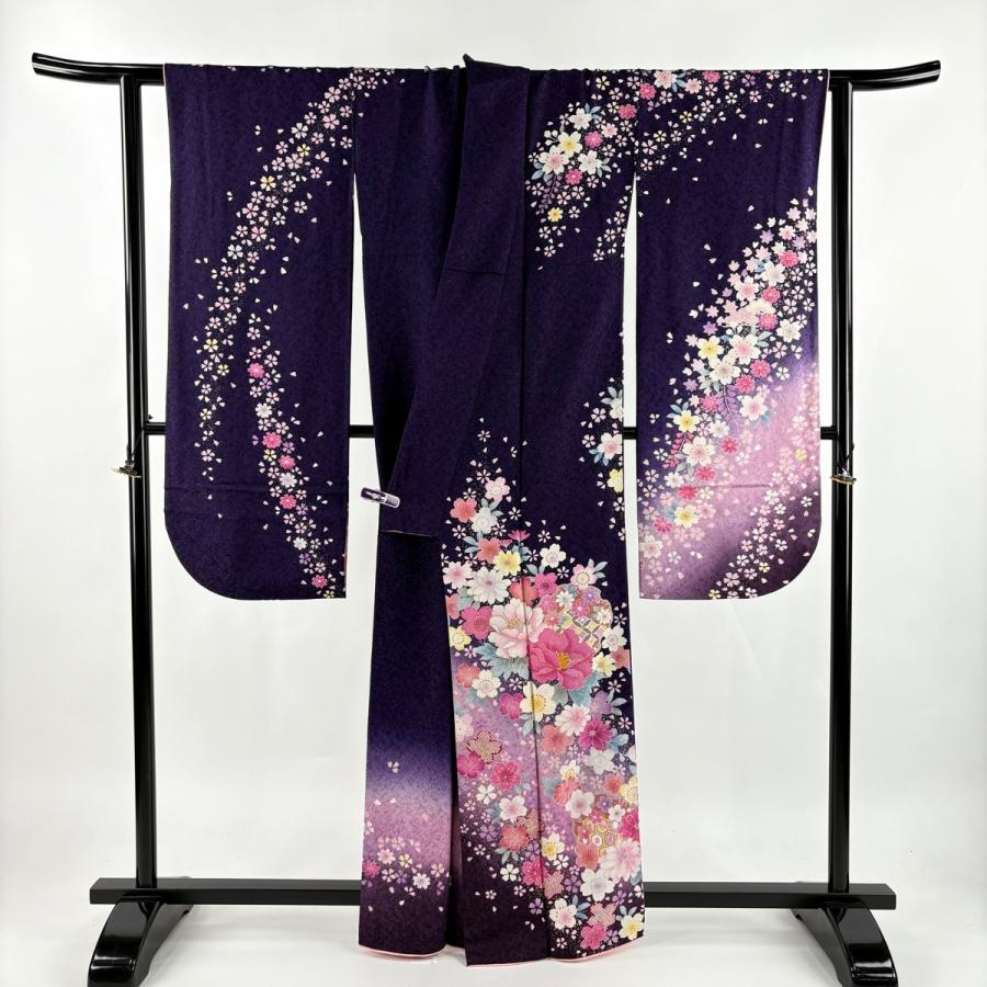 美品 振袖 身丈162cm 裄丈66.5cm M 袷 桜 牡丹 銀通し 箔 紫 正絹 逸品 中古_6