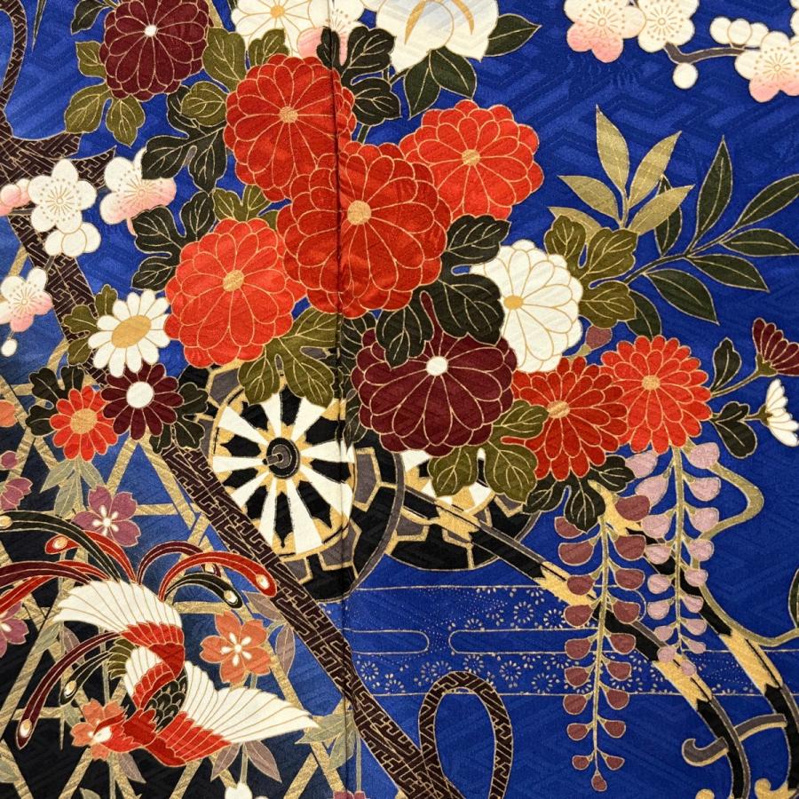 振袖 身丈171.5cm 裄丈67.5cm L 袷 花車 尾長鶏 金彩 染め分け 青 正絹