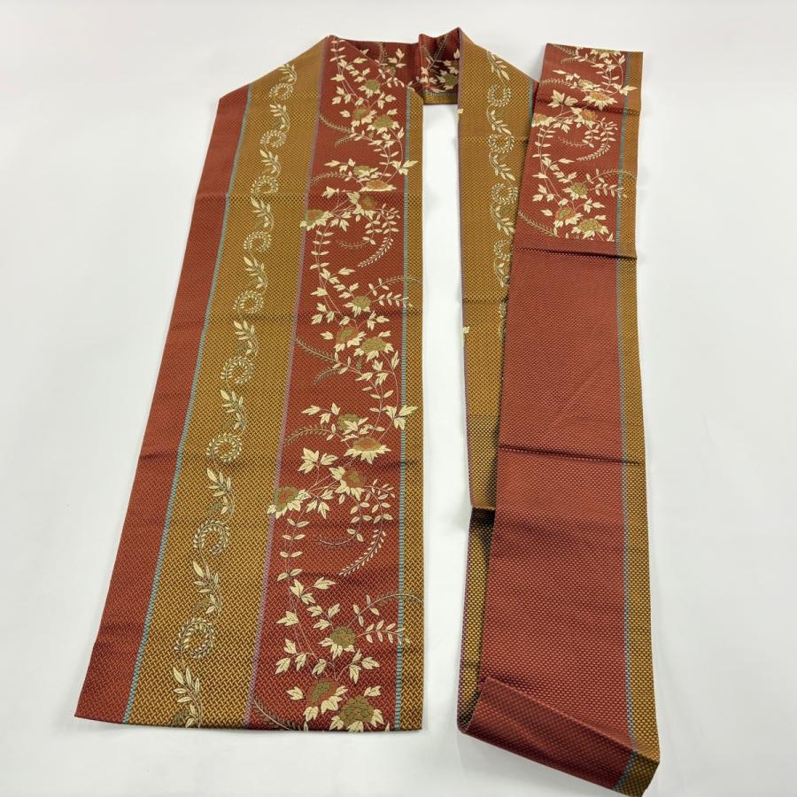 美品 名古屋帯 秀品 八寸名古屋帯 草花 刺繍 赤茶 正絹 中古 