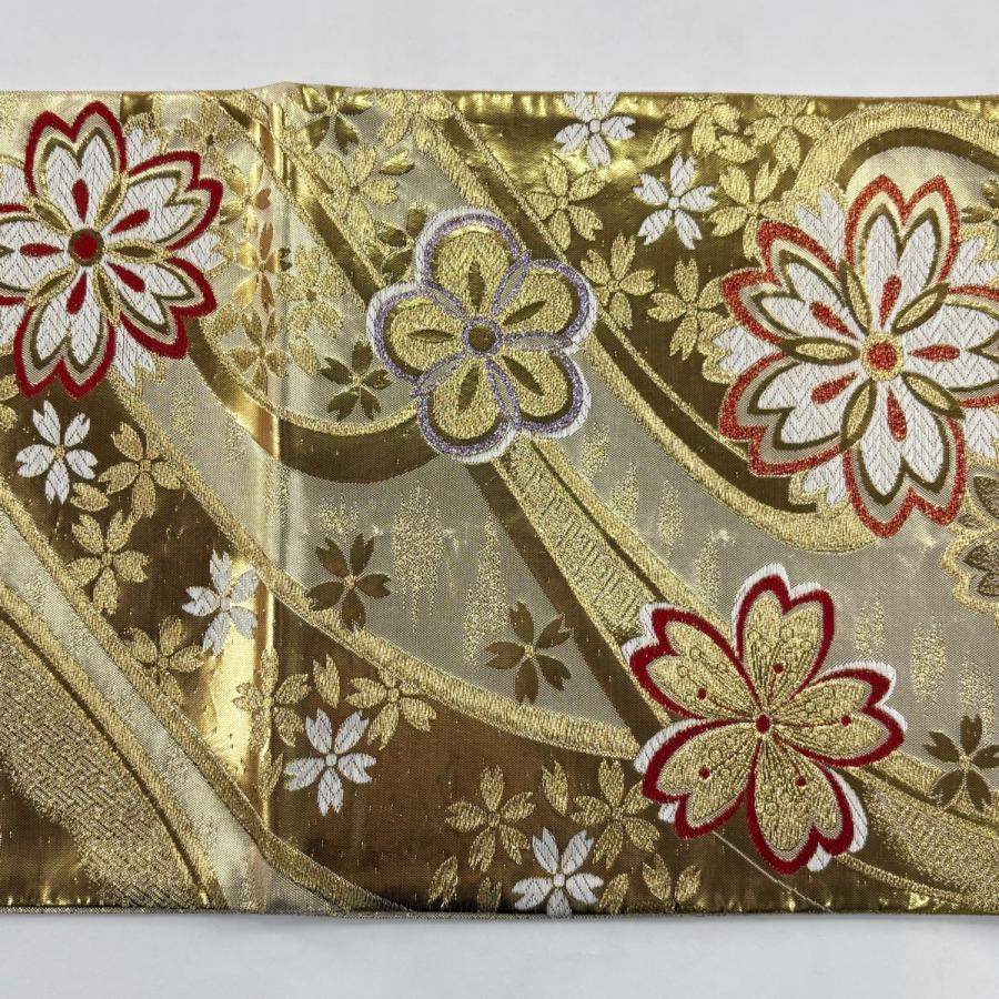 袋帯 秀品 振袖向き 桜の花びら 波 箔 金糸 黒 六通 正絹 中古 袋帯