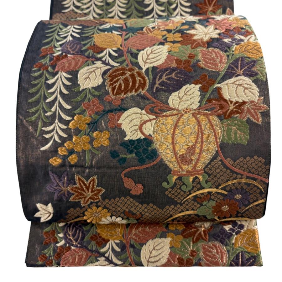 美品 袋帯 名品 花井幸子 落款あり 草花 芝 金糸 箔 茶紫 六通 正絹 