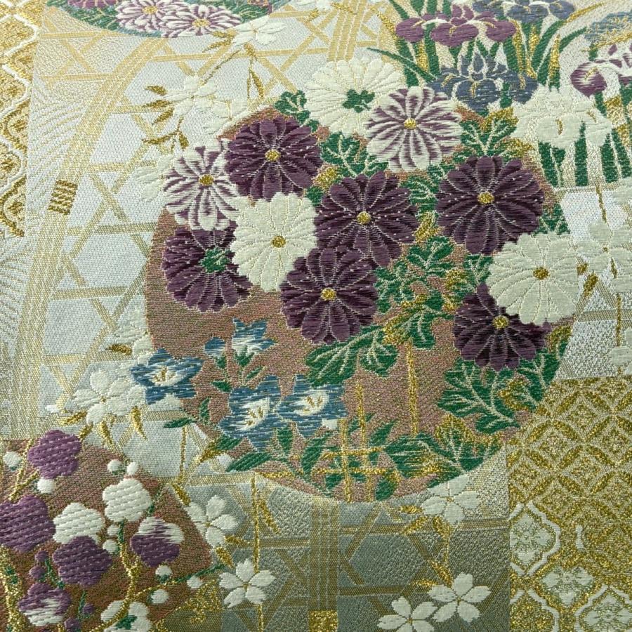 美品 袋帯 逸品 古代帝王紫 草花 有職文様 唐織 金糸 灰色 お太鼓柄