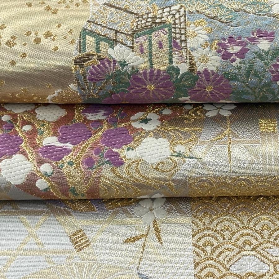 美品 袋帯 逸品 古代帝王紫 草花 有職文様 唐織 金糸 灰色 お太鼓柄