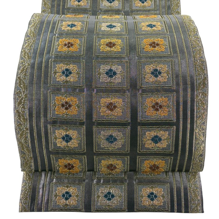 美品 袋帯 逸品 紋屋井関 落款あり 御寮織 花 縞 金銀糸 箔 銀色 六通 