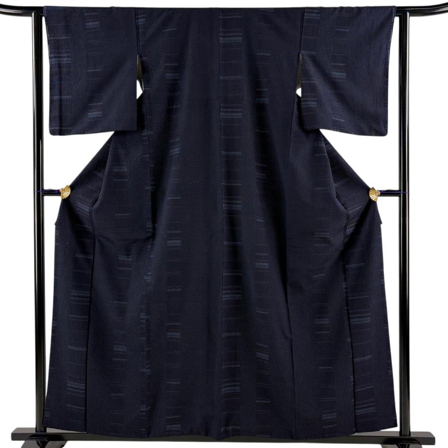 【美品】 紬 身丈157.5cm 裄丈62cm 正絹 秀品 【中古】 美品 紬 身丈157.5cm 裄丈62cm S 袷 縞 蚊絣 濃紺 正絹 秀品 中古
