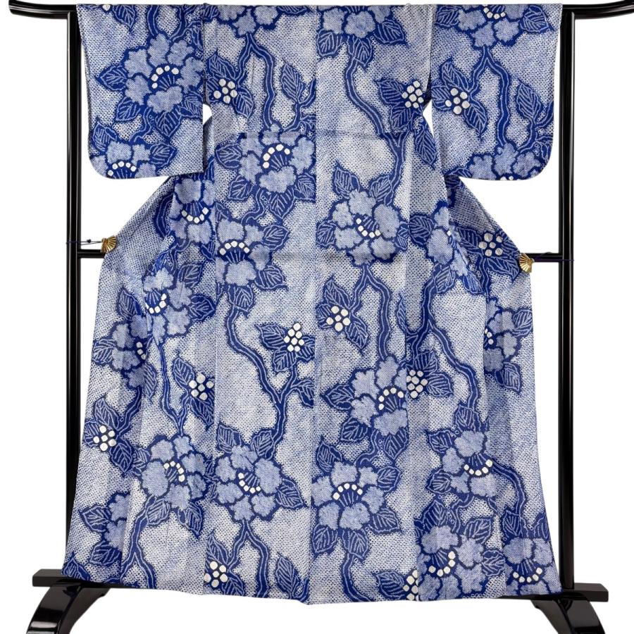 美品 浴衣 身丈160cm 裄丈63cm S 絞り浴衣 草花 絞り 青 綿 名品 中古
