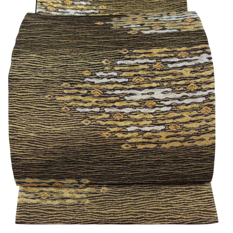 【美品】袋帯 六通 霞ニ重ね菱 引箔 金箔 金糸 美品 袋帯 名品 霞 幾何学模様 箔 金銀糸 金色 六通 正絹 中古